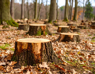 Stumps of cut trees in a forest after logging, highlighting deforestation impact in nature and potential reforestation efforts.