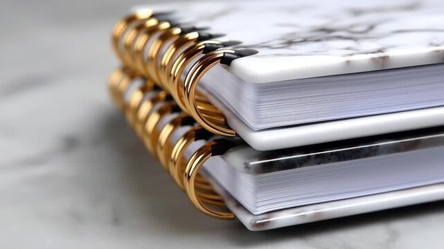 Notebooks with Metallic Spirals: The image shows close-up, high-angle shot of two stacked notebooks with patterned covers, highlighting their metallic spiral bindings.