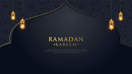 Ramadan Kareem Luxury Dark Background with Golden Lanterns and Arch