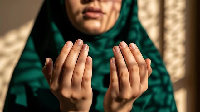 Close up of a young Muslim woman in a green hijab praying with her hands open in a mosque with soft sunlight and shadows