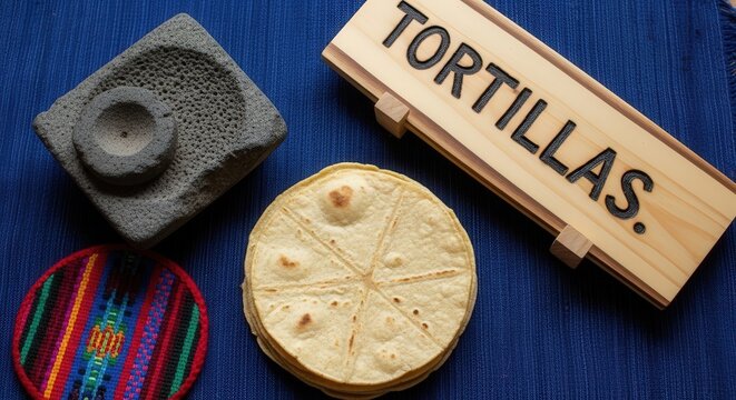 Authentic Corn Tortillas with Hand-Burned Ceiba Wood Sign on Indigo Mat with Traditional Metate and Huipil