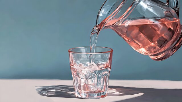 Refreshing water is gracefully pou from a glass pitcher into a clear drinking glass against a serene blue background in this minimalist still life painting.