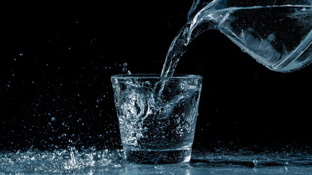 A clear pitcher is pou fresh, pure water into a glass, creating splashes and ripples on a black surface, representing hydration and refreshment perfectly.