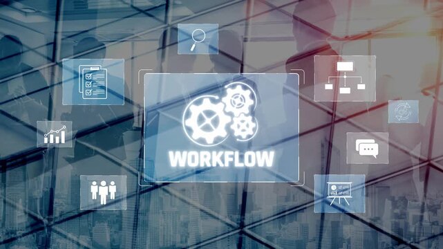 Workflow optimization concept featuring interconnected gears, task management, collaboration, process mapping, review, and automation for business productivity and efficiency Marrow