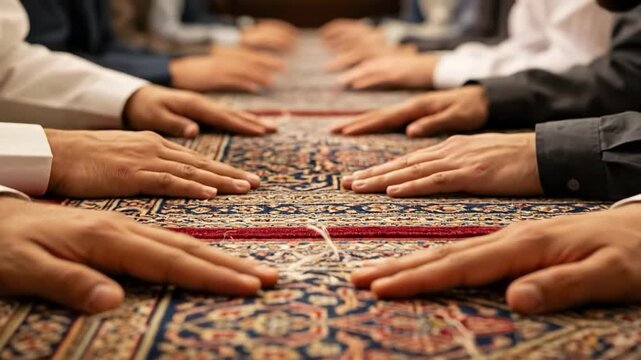 Group of Muslim men performing Sujud prostration during prayer on a traditional carpet in a mosque, close up of hands and heads