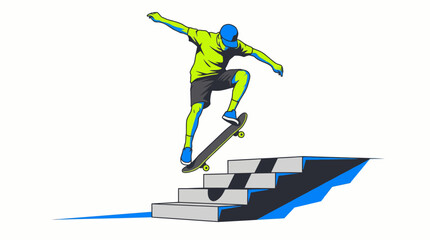 Fototapeta premium Professional Skateboarder Performing Kickflip Over Stairs Illustration, Dynamic Street Skating Action Vector, Intense Urban Sports Competition Graphic in Lime Green and Royal Blue