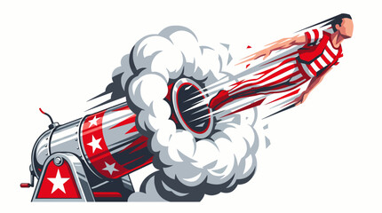 Human Cannonball Stunt Performer Mid-Air Illustration, Professional Circus Act Action Vector, Dynamic Performance Art Graphic in Red, White, and Chrome Silver © Tharusha