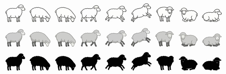 Sheep Vector Icon Set with Clean Outlines, Flat Colored 2D Designs, and Solid Black Silhouettes, Ewe and Lamb Illustrations for Agriculture, Farm, and Livestock Design