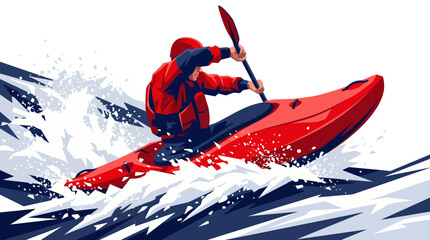 Professional Whitewater Kayaker Navigating Rapids Illustration, Extreme River Sports Action Vector, Dynamic Kayaking Motion Graphic in Red and Navy Blue © Tharusha