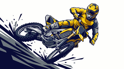 Professional Motocross Rider Drifting on Dirt Track Illustration, Extreme Off-Road Motorcycle Racing Action Vector, Dynamic Dirt Bike Motion Graphic in Yellow and Navy Blue © Tharusha