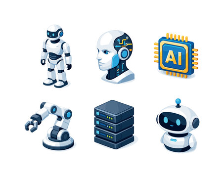 AI Icons Grid. Artificial intelligence. Isometric flat vector icons set of artificial intelligence: humanoid AI robot, robot head with circuits, AI processor