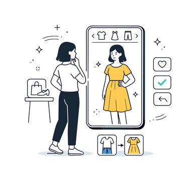 Smart Mirror Fashion. Virtual try-on mirror. A person tests clothes in front of a smart mirror that changes outfits instantly. Focused choice, convenience,