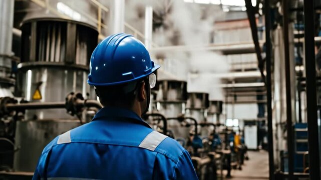 Back view of a professional male industrial worker wearing a blue hard hat and safety uniform, monitoring machinery and steam emissions in a large factory or power plant facility.