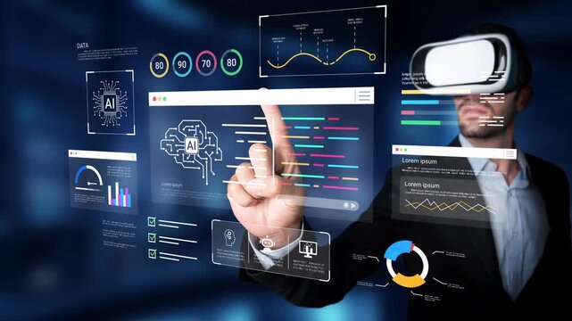 Business Professional Engaging with Virtual Reality Data Interfaces while Analyzing AI Metrics and Graphs in a Contemporary Digital Environment Gluon.