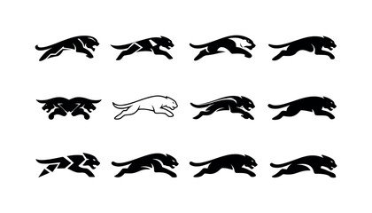 Obraz premium Fierce Panther Logos. Fierce predators. Icon set. Set Logo of fierce predators: leaping panther. harmonious logo variations of the same emblematic concept,