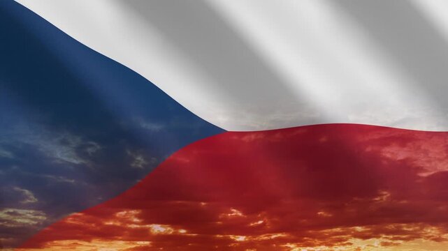 Flag of Czech Republic waving against a vibrant sunset, creating a patriotic and inspiring atmosphere with warm tones.