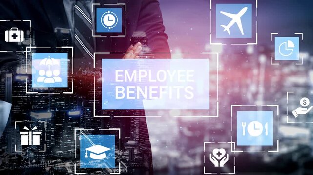 Employee Benefits Conceptualization with Businessman, Icons, and Cityscape Background, Visualizing Modern Corporate Rewards and Opportunities Gluon.