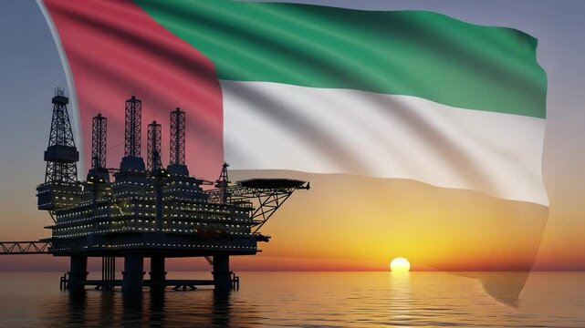 Offshore Oil Rig Platform at Sunset with United Arab Emirates Flag Background, UAE Petroleum Industry and Energy Production Concept
