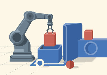 Fototapeta premium An automated manufacturing robot picks a ceramic clay piece. Modern industrial setting showcases robotic technology and production. Clean, bright, and professional.