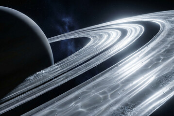 Fototapeta premium Close-up of a gas giant planet with bright icy rings illuminated in space. The detailed rings show sparkling ice particles against a dark starry background.