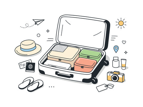 Organized Packing Scene. Minimal travel organization scene. Packing cubes placed inside an open suitcase, neutral tones and tidy layout. Smooth packing