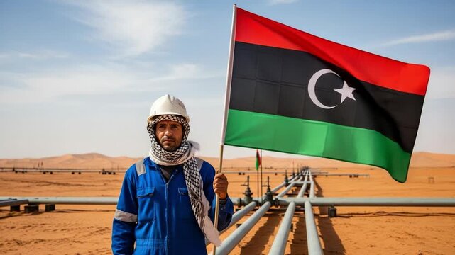 Middle-aged Libyan oil worker in blue jumpsuit and white hard hat holding the national flag of Libya in a desert oil field with industrial pipelines and sand dunes.
