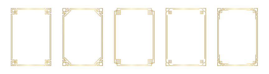 Fototapeta na wymiar Gold rectangle photo frame. Golden glowing geometric boarder set and vintage elegant decorative elements for wedding invitations. Vector illustration isolated on white background