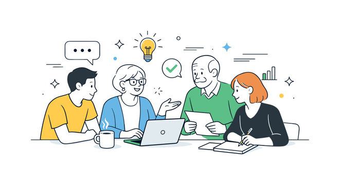 Age-Diverse Workplace Collaboration. Age diversity in the workplace. Employees of different ages collaborate around a desk, sharing ideas and experience.