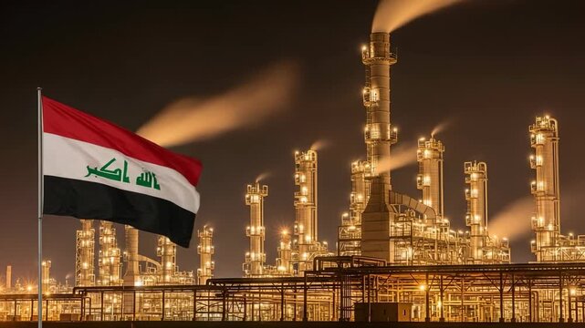 Iraqi Flag Waving in Front of a Large Oil Refinery at Night with Smoke and Industrial Lights