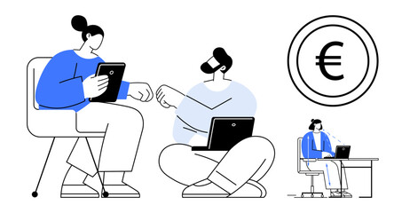 Plakat Remote work concept. Remote work fosters teamwork, digital communication, and productivity. Remote work in international business and currency transactions. Relevant for tech, finance, and business