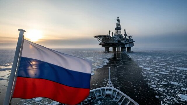 Russian flag on a ship sailing through icy arctic waters towards an offshore oil drilling platform at sunset