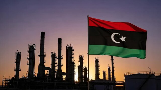 Libyan Flag Waving in Front of an Oil Refinery at Sunset, Concept of Energy Industry and National Economy in Libya, Industrial Silhouettes Against a Purple Sky