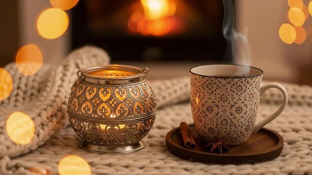 Cozy winter scene with a steaming cup of tea, decorative candle lantern, and cinnamon sticks on a chunky knit blanket by a warm fireplace with bokeh lights.
