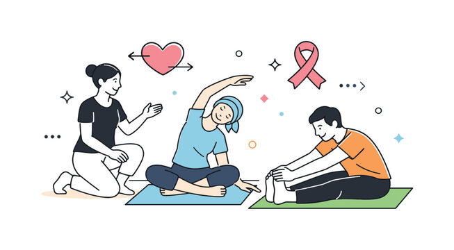 Gentle Yoga Wellness. Therapeutic exercise session. Participants doing gentle yoga or stretching under guidance, abstract heart or cancer awareness symbols
