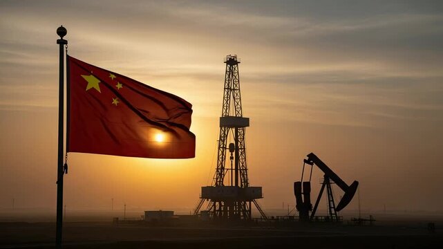 Chinese Flag Waving in Front of Oil Rig and Pump Jack at Sunset, Concept of China Energy Industry and Petroleum Production