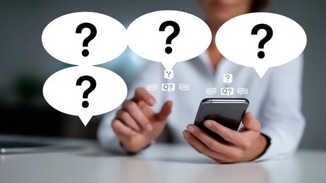 Woman using smartphone with question mark speech bubbles customer support and FAQ concept