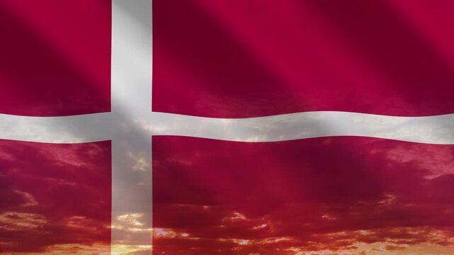Flag of Denmark waving against a vibrant sunset, creating a patriotic and inspiring atmosphere with warm tones.