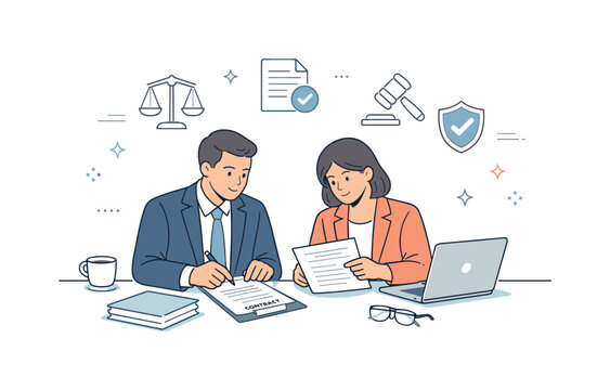 Legal Advisors Collaborating. Corporate legal advisors at work. Legal advisors reviewing contracts together at a desk, calm professional discussion and focused