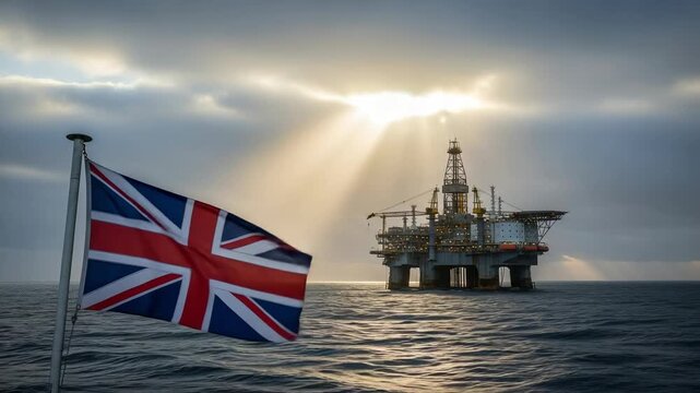 Offshore oil rig platform in the North Sea with the British Union Jack flag waving in the foreground at sunset with dramatic sun rays