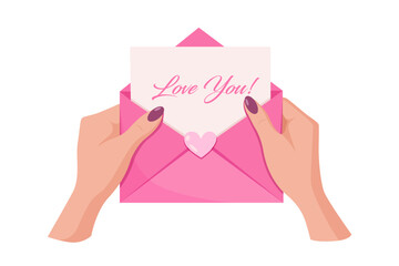 Hands Holding Pink Love Envelope with Romantic Valentine Card, Love You Message Illustration, Cute Valentine&rsquo;s Day Greeting Design for Wedding, Social Media, Branding and Digital Marketing.