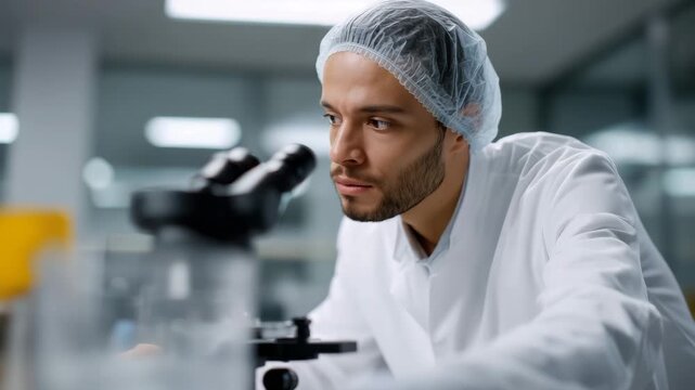 Laboratory scientist wearing a clean white lab coat, protective gloves and a disposable hair cover working in a modern biomedical research laboratory
