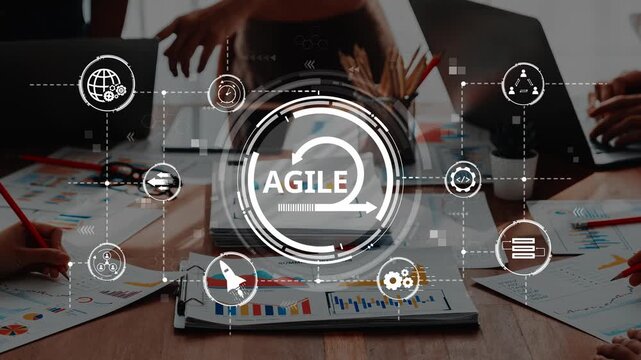 A modern workspace showcases collaboration and strategy in project management, emphasizing the Agile methodology with charts, teamwork, and technology integration. Raster