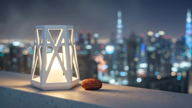 Modern white geometric lantern with glowing candle and a single date fruit on a rooftop ledge overlooking a blurred city skyline at night during Ramadan