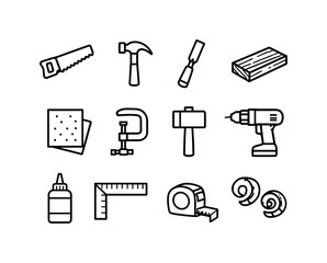 Fototapeta premium DIY Woodworking Icons. DIY woodworking. Line icon set of DIY woodworking: saw, hammer, chisel, wood plank, sandpaper, clamp, mallet, drill, wood glue bottle,