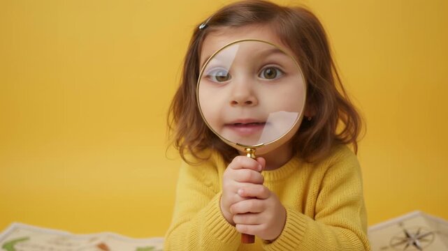 Curious child holding magnifying glass over eye in yellow sweater exploring map and compass with playful exploration curiosity