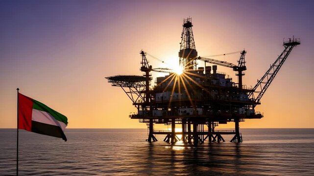 Offshore Oil Rig Platform in the Sea at Sunset with United Arab Emirates Flag Waving in the Foreground, Energy Industry Concept