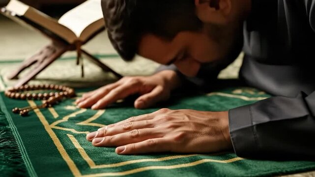 Close up of a young adult Muslim man in prostration during Salah prayer on a green prayer mat with Quran and Tasbih beads in a mosque or home.