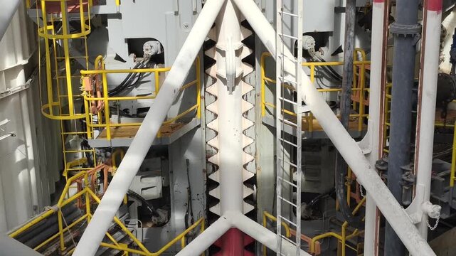 Jack up rig legs, fixation system and jacking motor on a jack up rig.
