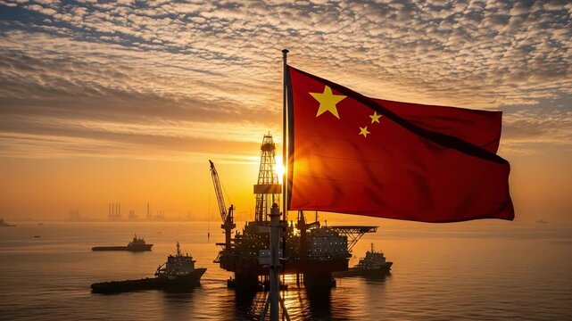 National flag of China waving in the wind with an offshore oil rig and industrial ships at sunset, representing energy production and maritime industry.
