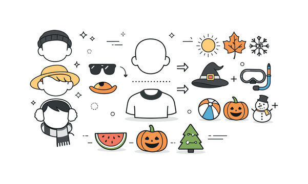 Seasonal Avatar Kit. Seasonal avatar system. Abstract scene showing interchangeable heads, accessories and seasonal symbols forming a modular avatar kit.